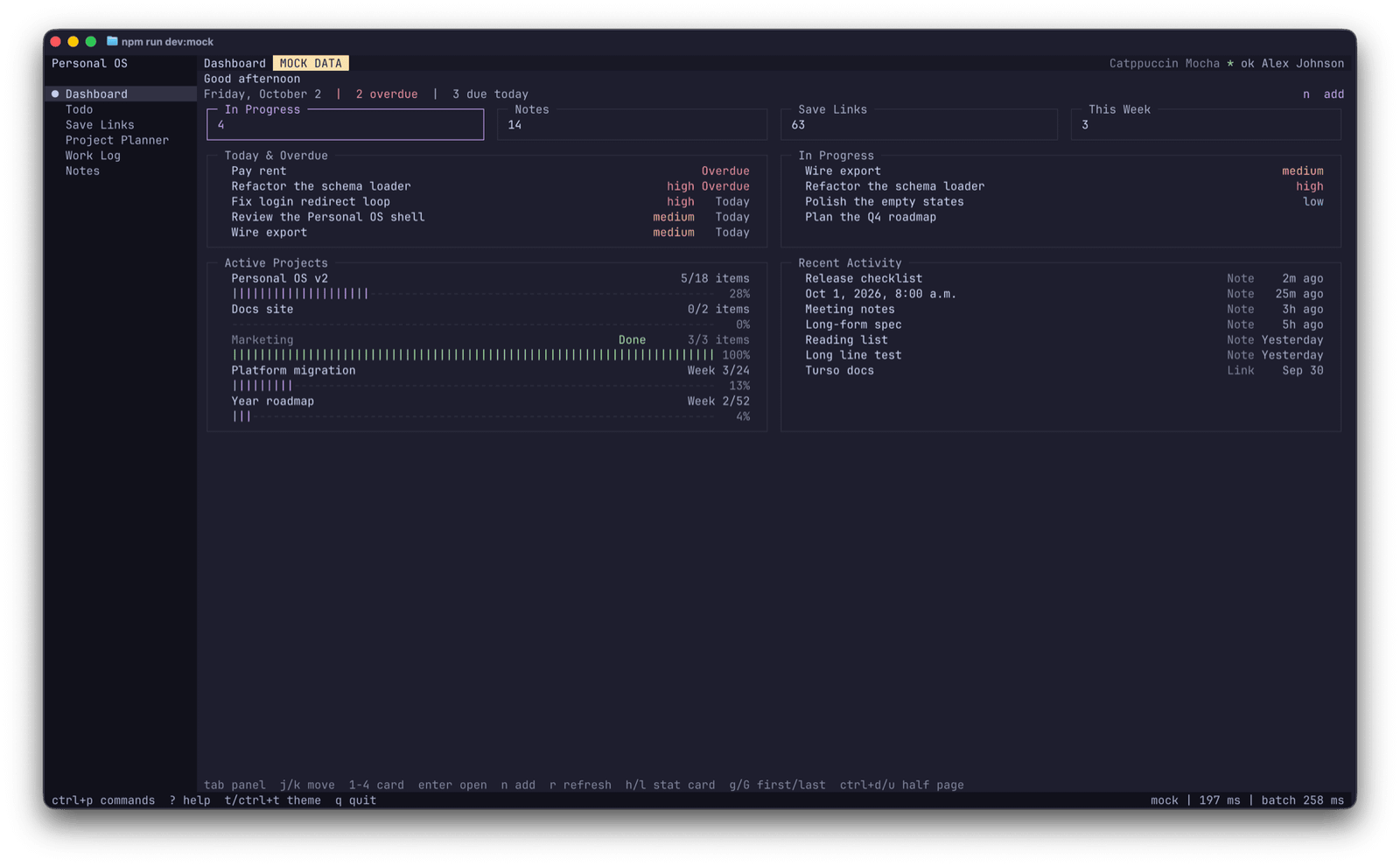 Personal OS TUI dashboard showing in-progress tasks, notes, saved links, active projects, and recent activity